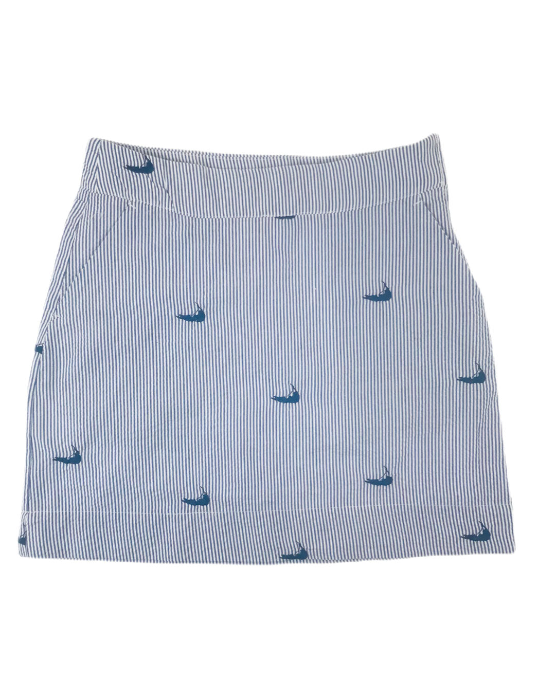 Blue Seersucker Women's Skirt with Navy Embroidered Nantuckets