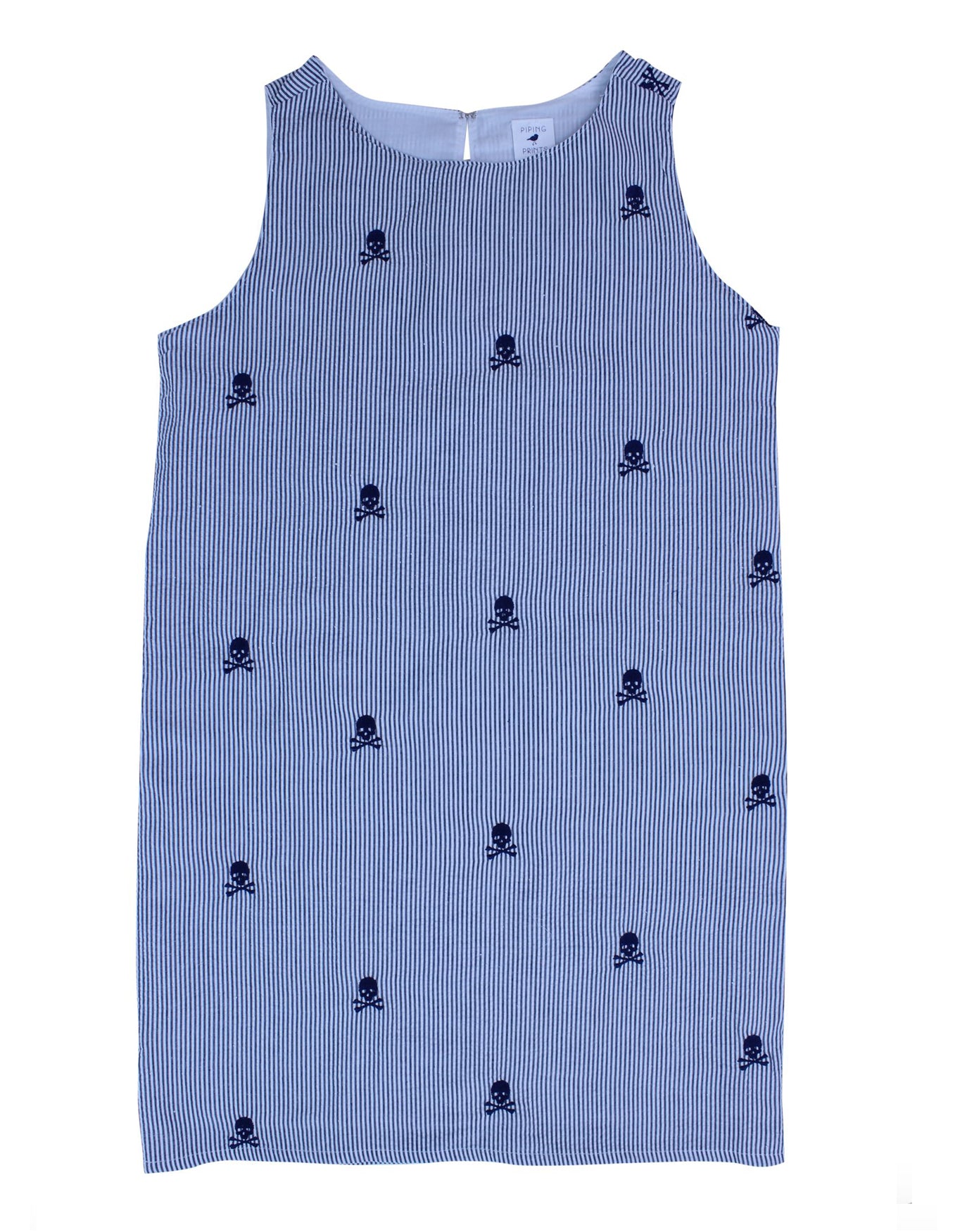 Indigo Seersucker Women's Dress with Navy Embroidered Pirate Skulls –  Piping Prints