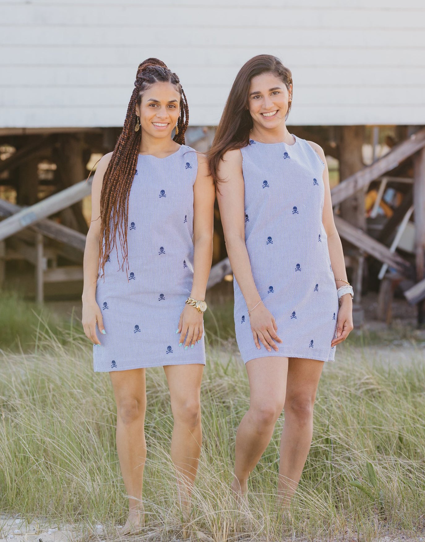 Indigo Seersucker Women's Dress with Navy Embroidered Pirate Skulls