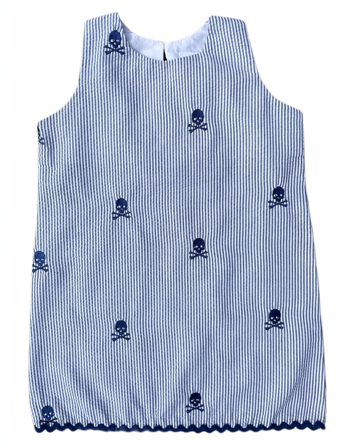 Navy Seersucker Girls Ric-Rac Dress with Navy Embroidered Pirate Skulls