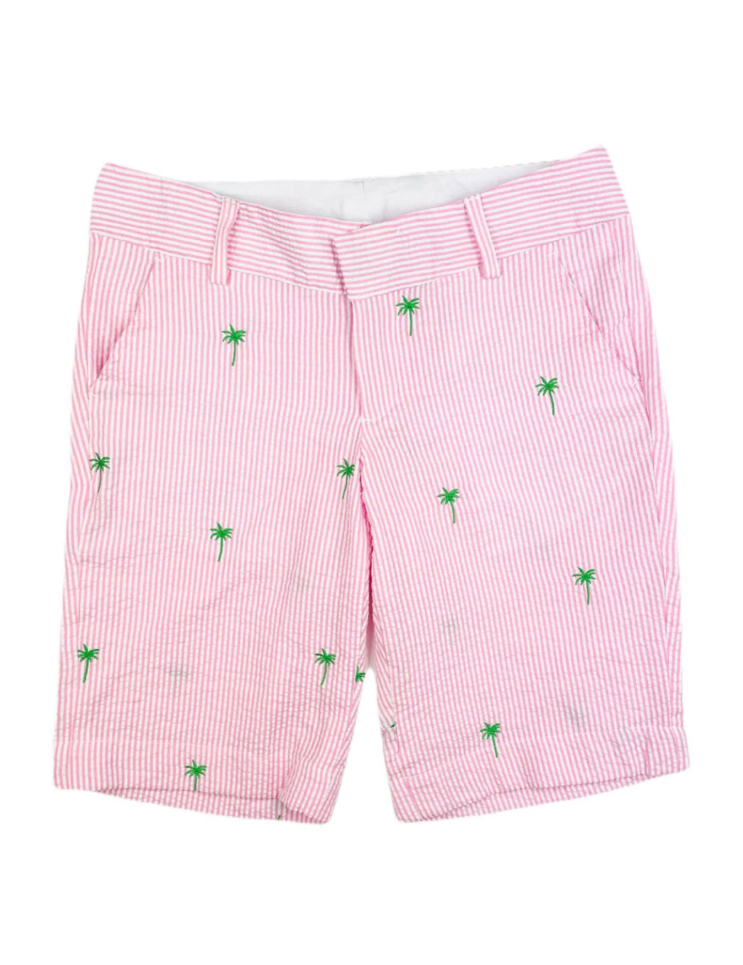 Pink Mens Seersucker Shorts with Green Embroidered Palm Trees