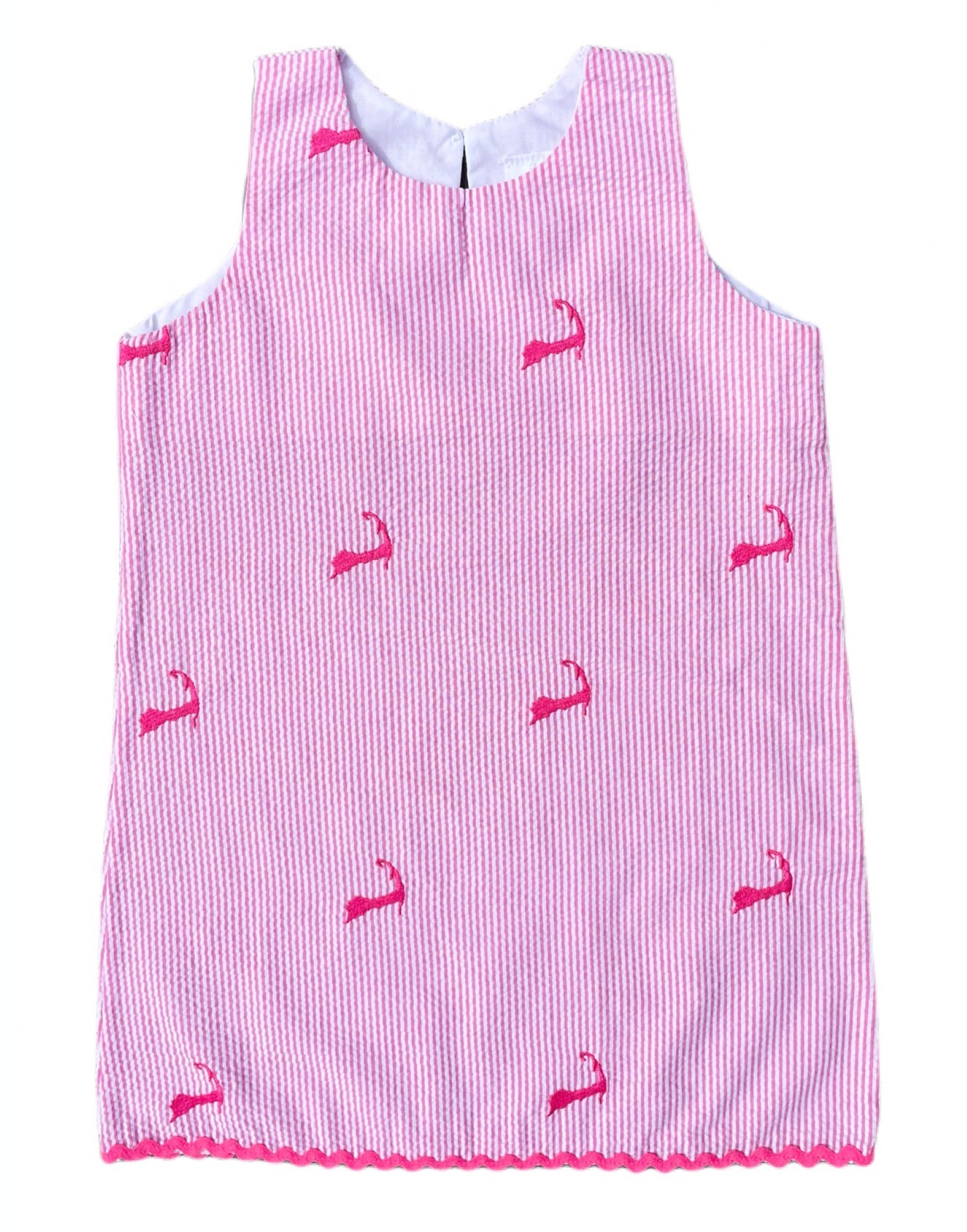 pink and white seersucker dress Pink and white stripe midi dress, cotton seersucker, smocked