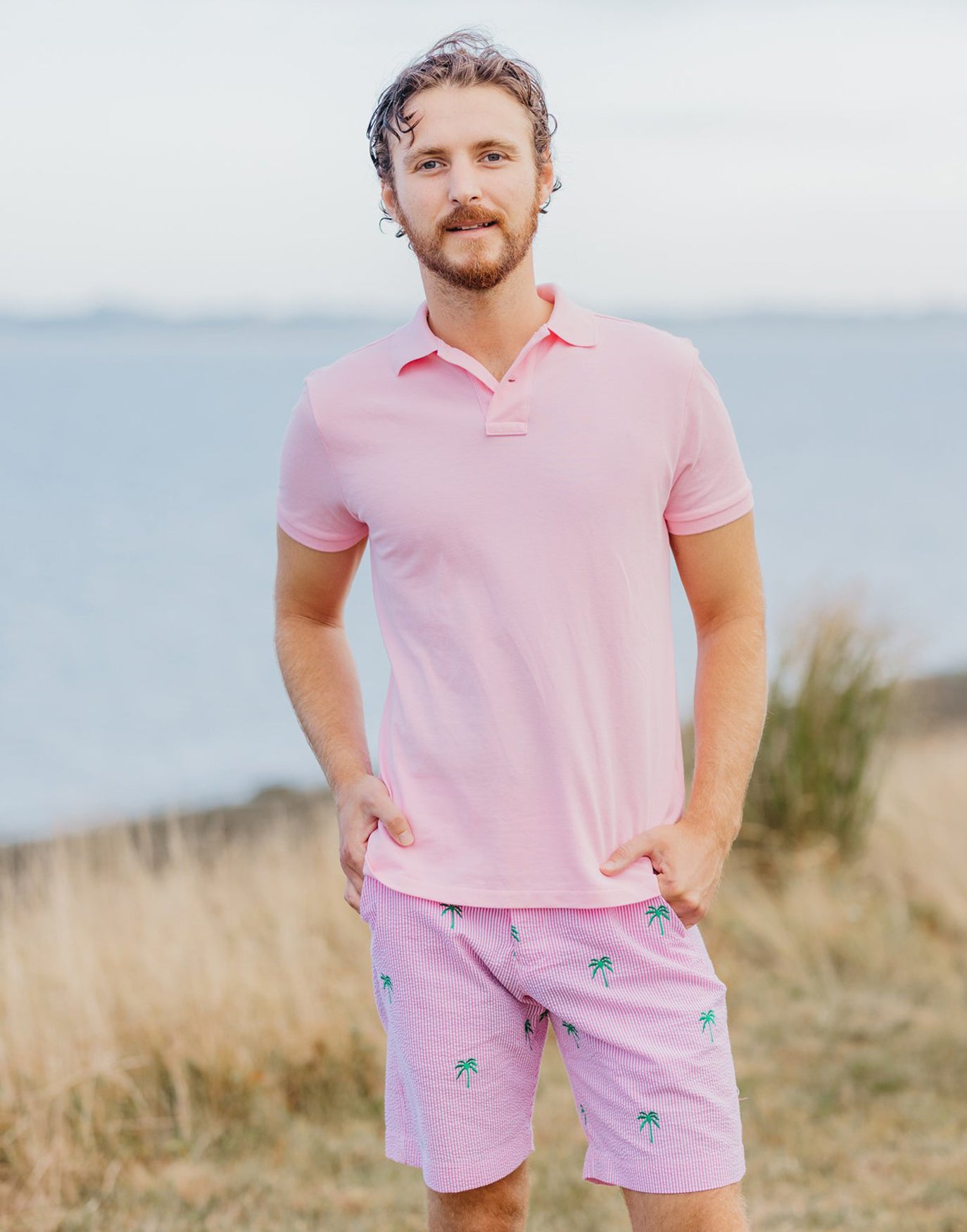 Pink Mens Seersucker Shorts with Green Embroidered Palm Trees