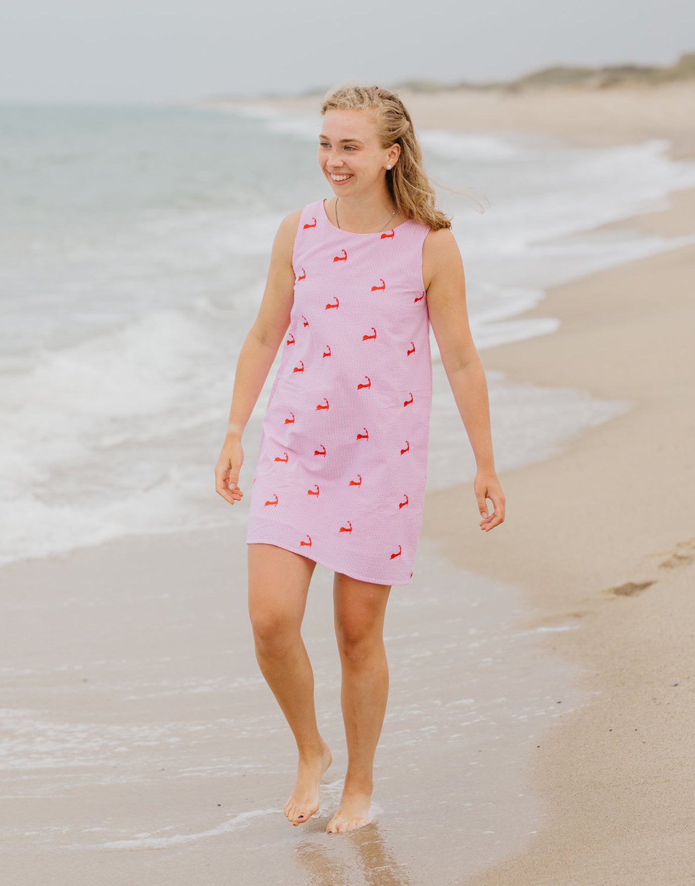 Pink Seersucker Women's Dress with Pink Embroidered Cape Cods X-Small Pink Seersucker Women's Dress with Pink Embroidered Cape Cods X-Small