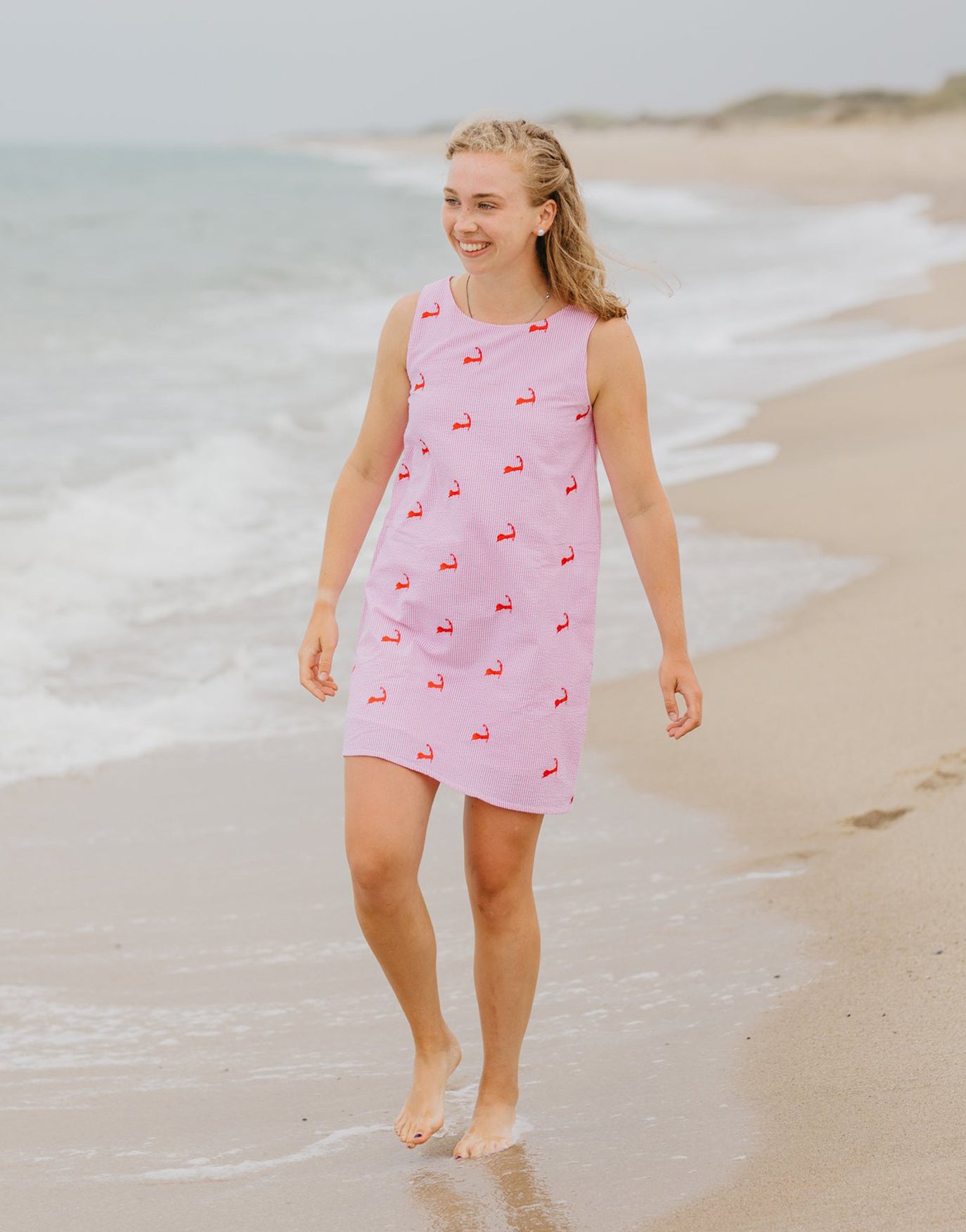 Pink Seersucker Women's Dress with Pink Embroidered Cape Cods