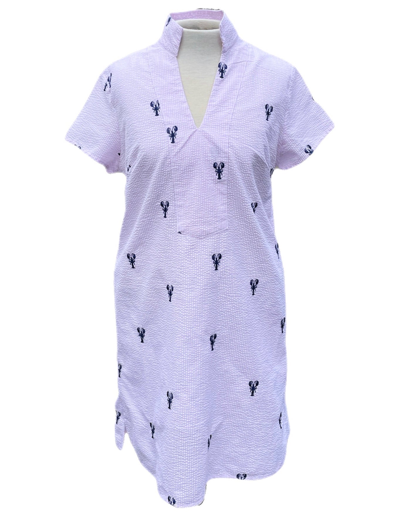 Pink Seersucker Tunic Dress with Navy Embroidered Lobsters
