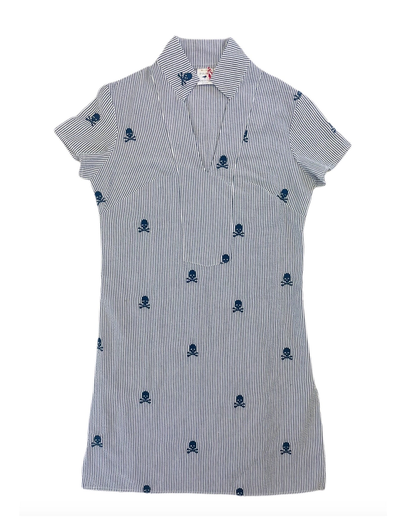 Navy Seersucker with Pirate Skulls Ladies Tunic Dress (Unlined) X-Small Navy Seersucker with Pirate Skulls Ladies Tunic Dress (Unlined) X-Small