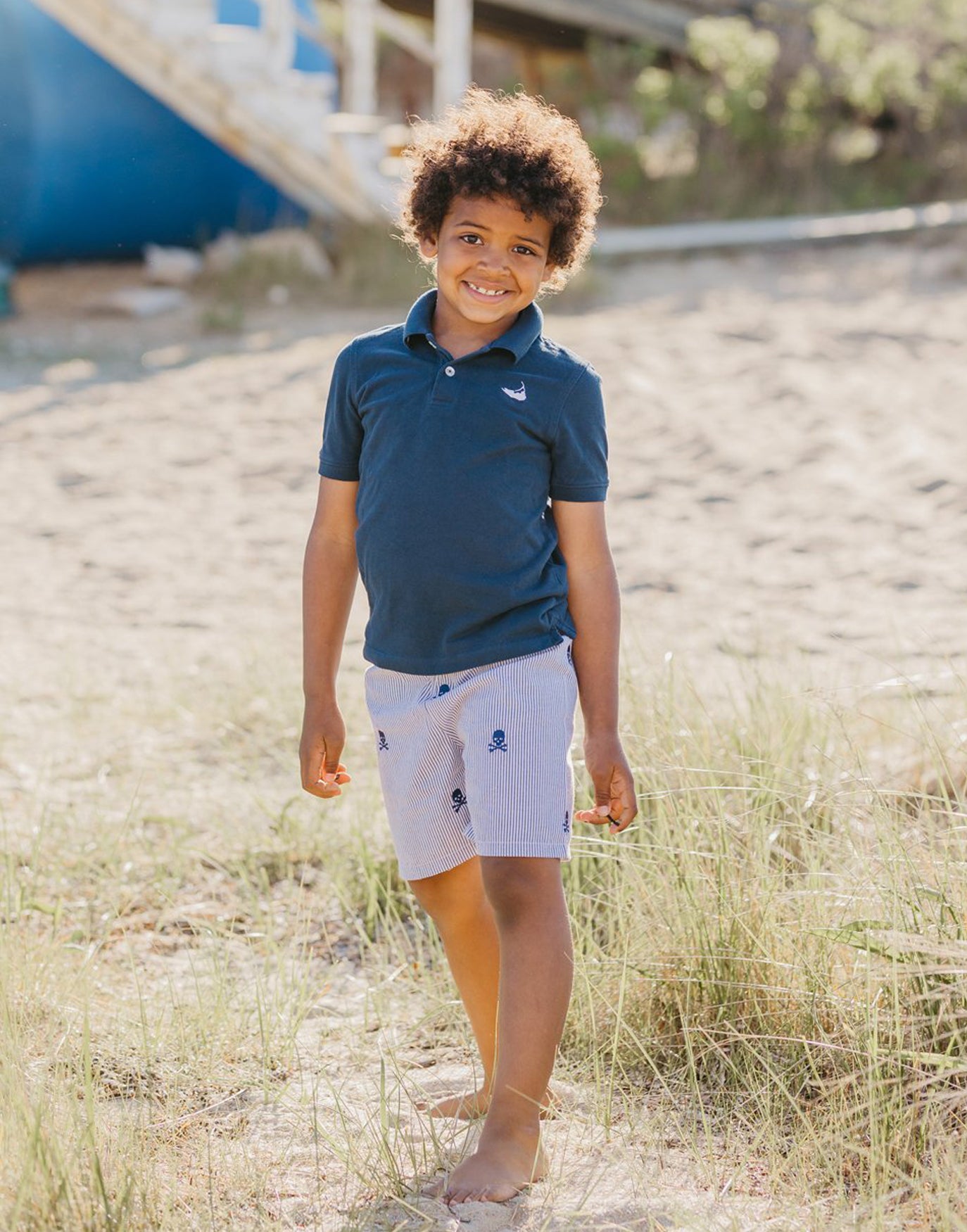 Navy Kids Seersucker Shorts with Navy Embroidered Pirate Skulls