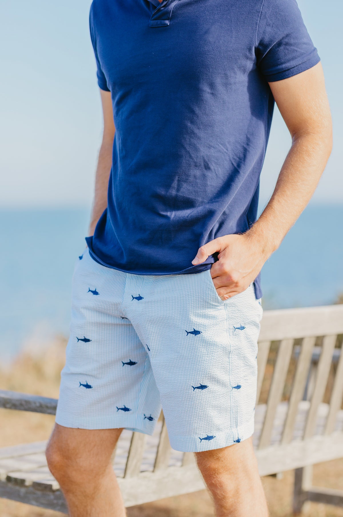 Turquoise Mens Seersucker Shorts with Navy Embroidered Sharks