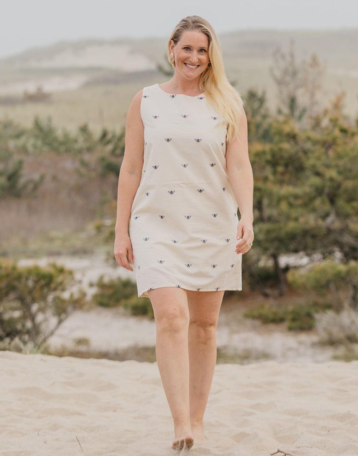 Yellow Seersucker Women's Dress with Embroidered Honeybees