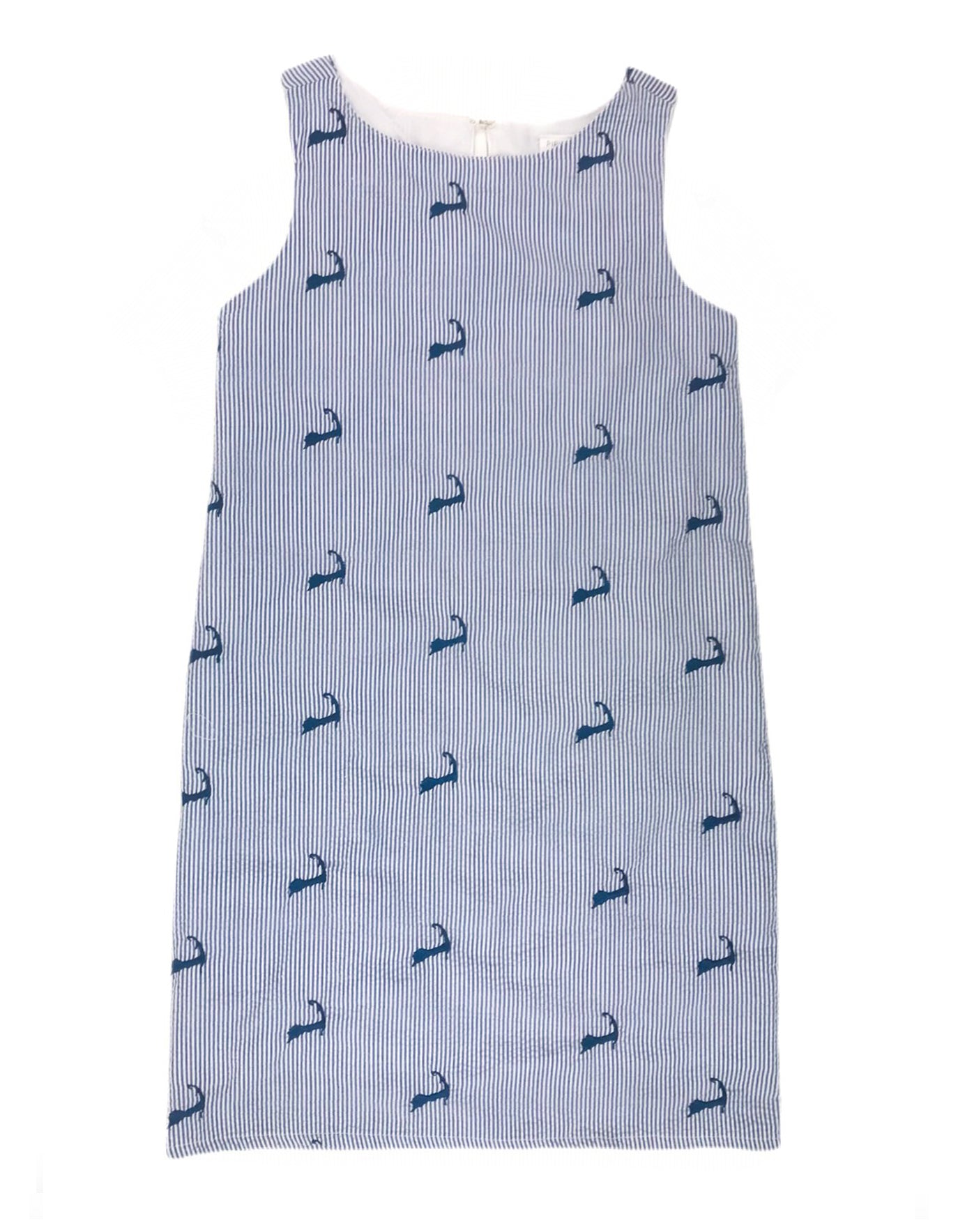 Blue Seersucker Women's Dress with Navy Embroidered Cape Cods Small