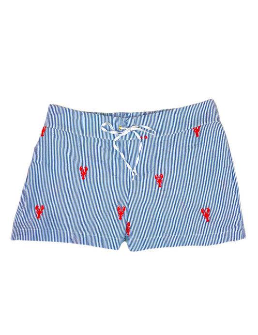 Blue Seersucker Ladies Lounge Short with Red Embroidered Lobsters