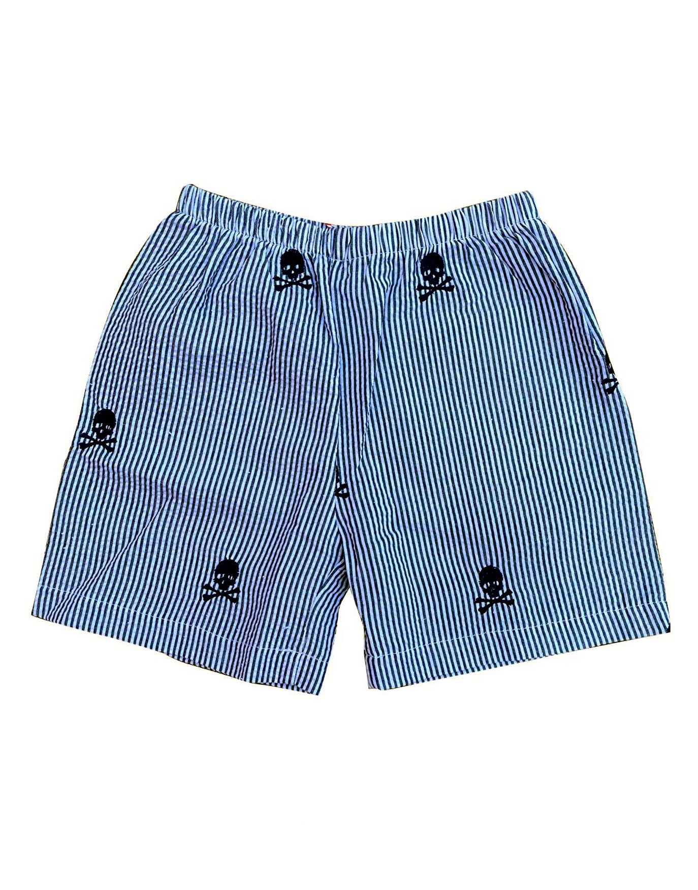 Navy Kids Seersucker Shorts with Navy Embroidered Pirate Skulls