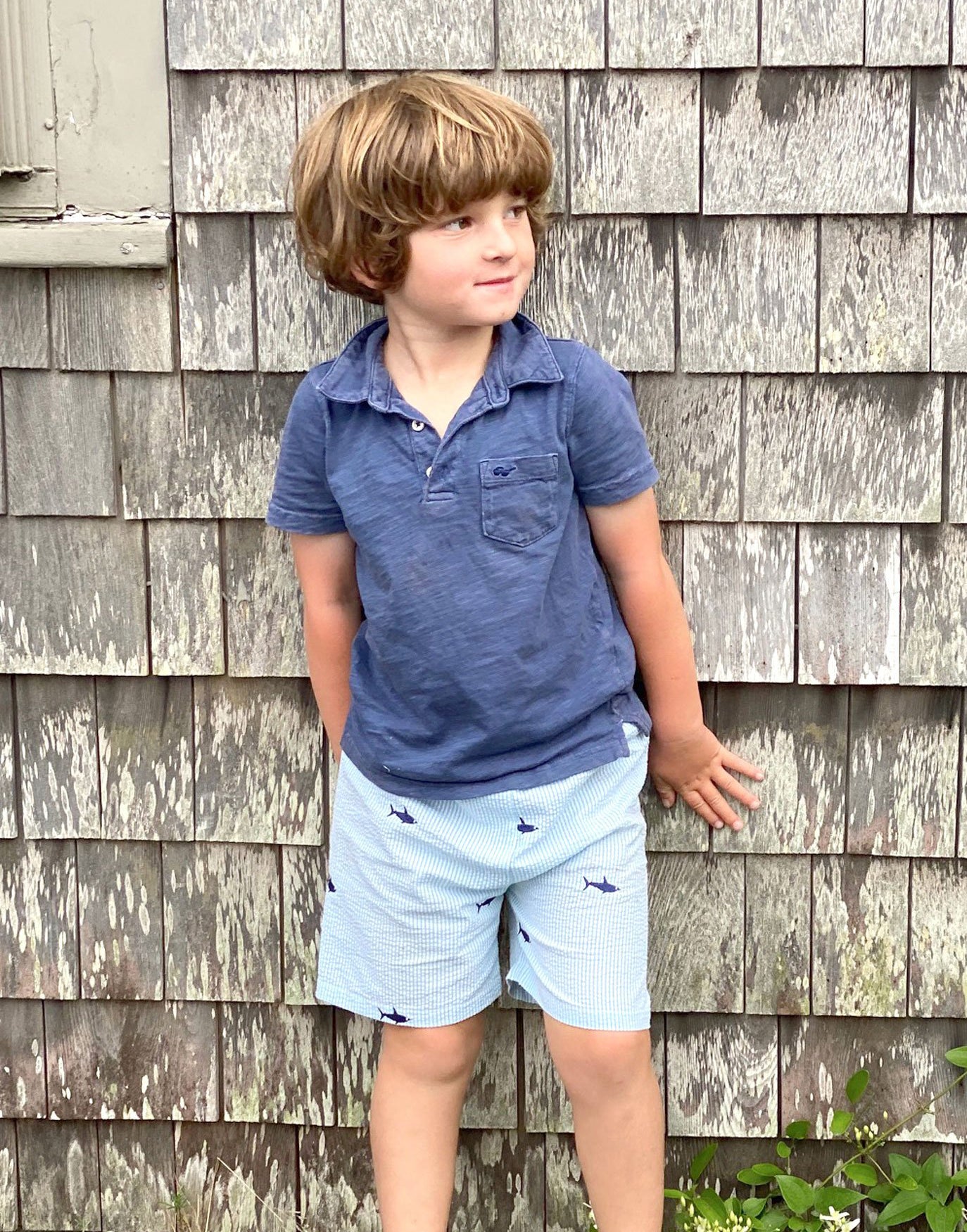 Kids Turquoise Seersucker Shorts with Navy Embroidered Sharks