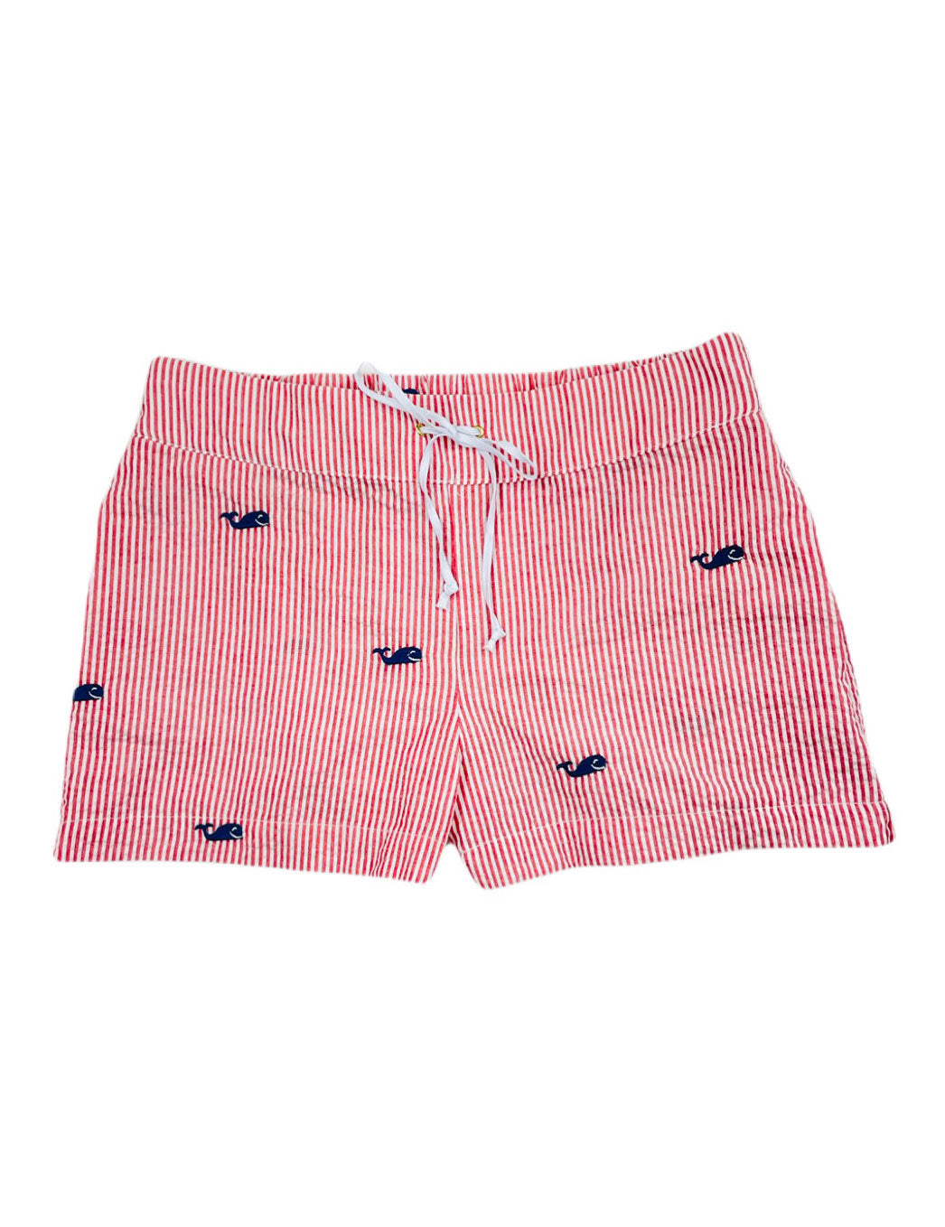 Red Seersucker Women's Lounge Short with Navy Embroidered Whales