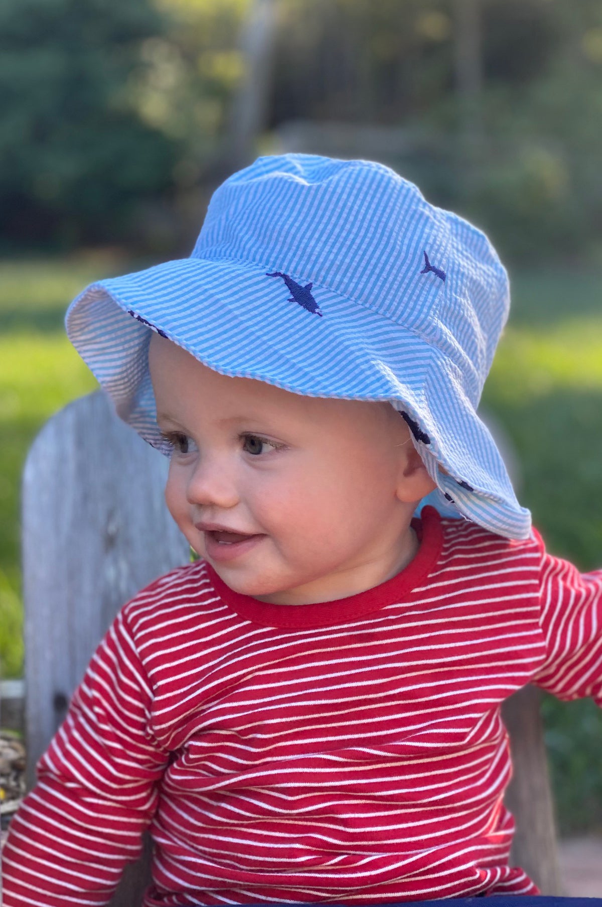 Turquoise Seersucker with Navy Embroidered Sharks Baby Bucket Hat