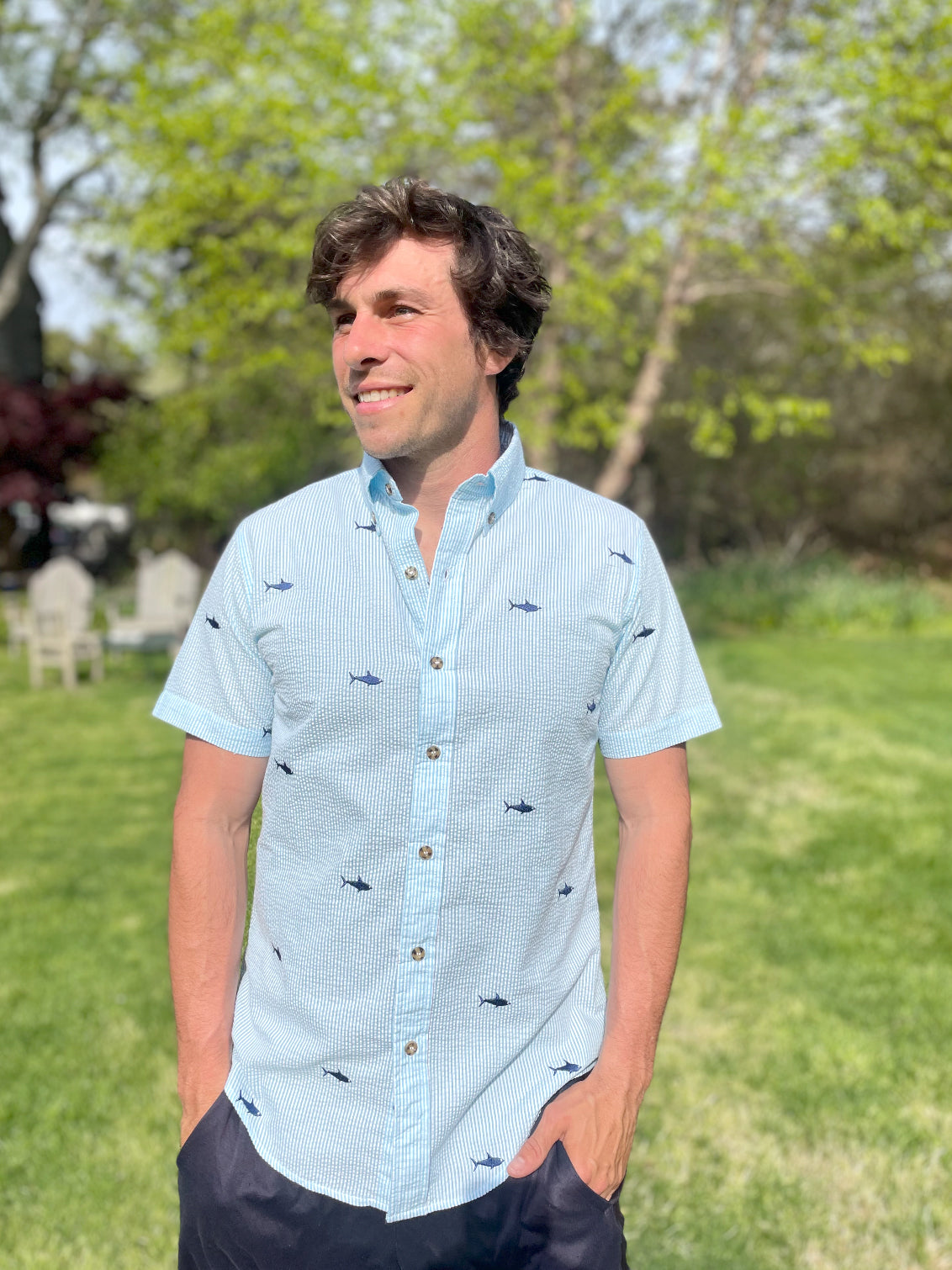 Turquoise Seersucker with Navy Sharks Button Down Short Sleeved Shirt