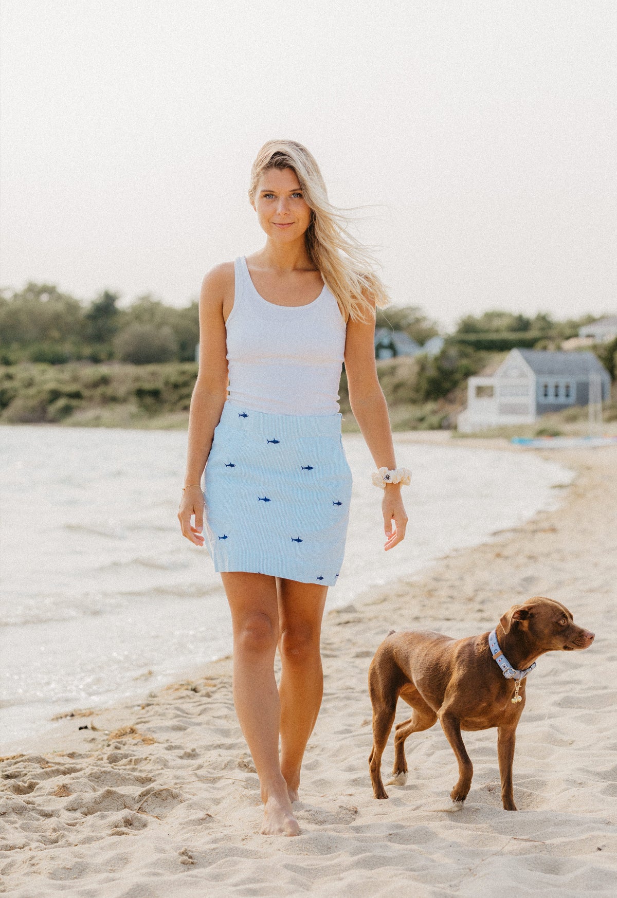 Turquoise Seersucker Women's Skirt with Navy Embroidered Sharks