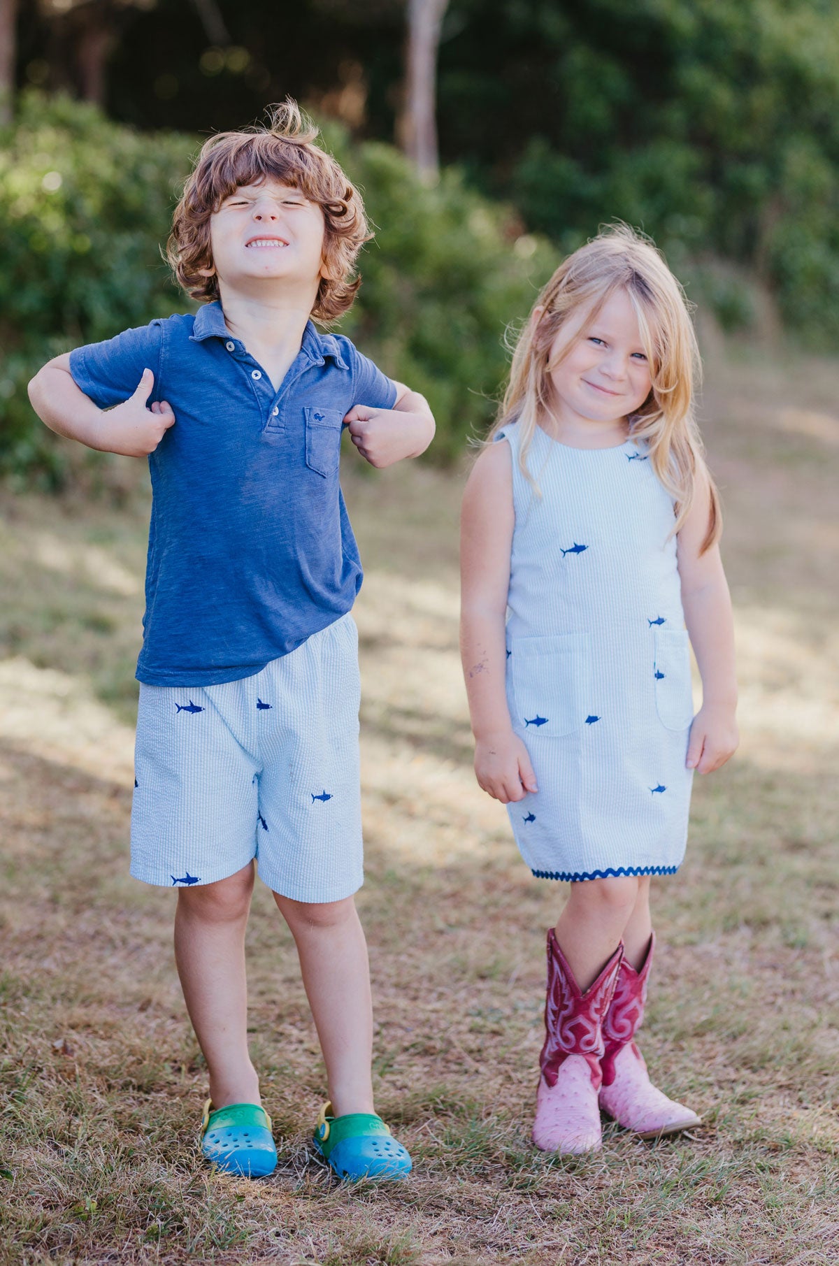 Turquoise Seersucker Girls Dress with Navy Embroidered Sharks