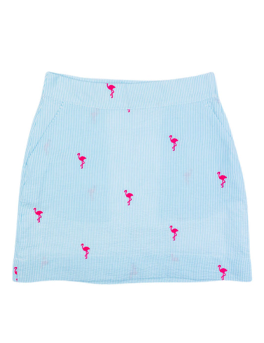 Turquoise Ladies Seersucker Skirt with Pink Embroidered Flamingos