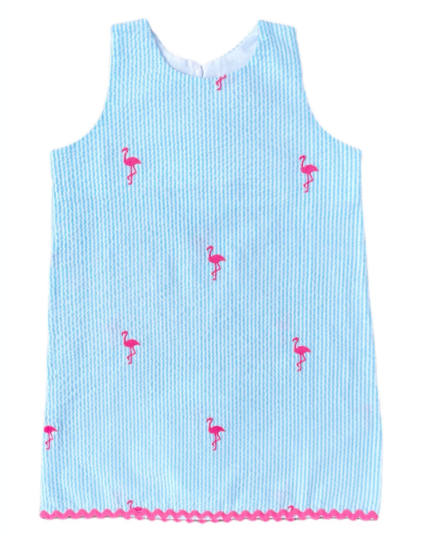 Turquoise Seersucker Girls Dress with Pink Embroidered Flamingos Piping Prints Turquoise Seersucker Girls Dress with Pink Embroidered Flamingos Piping Prints