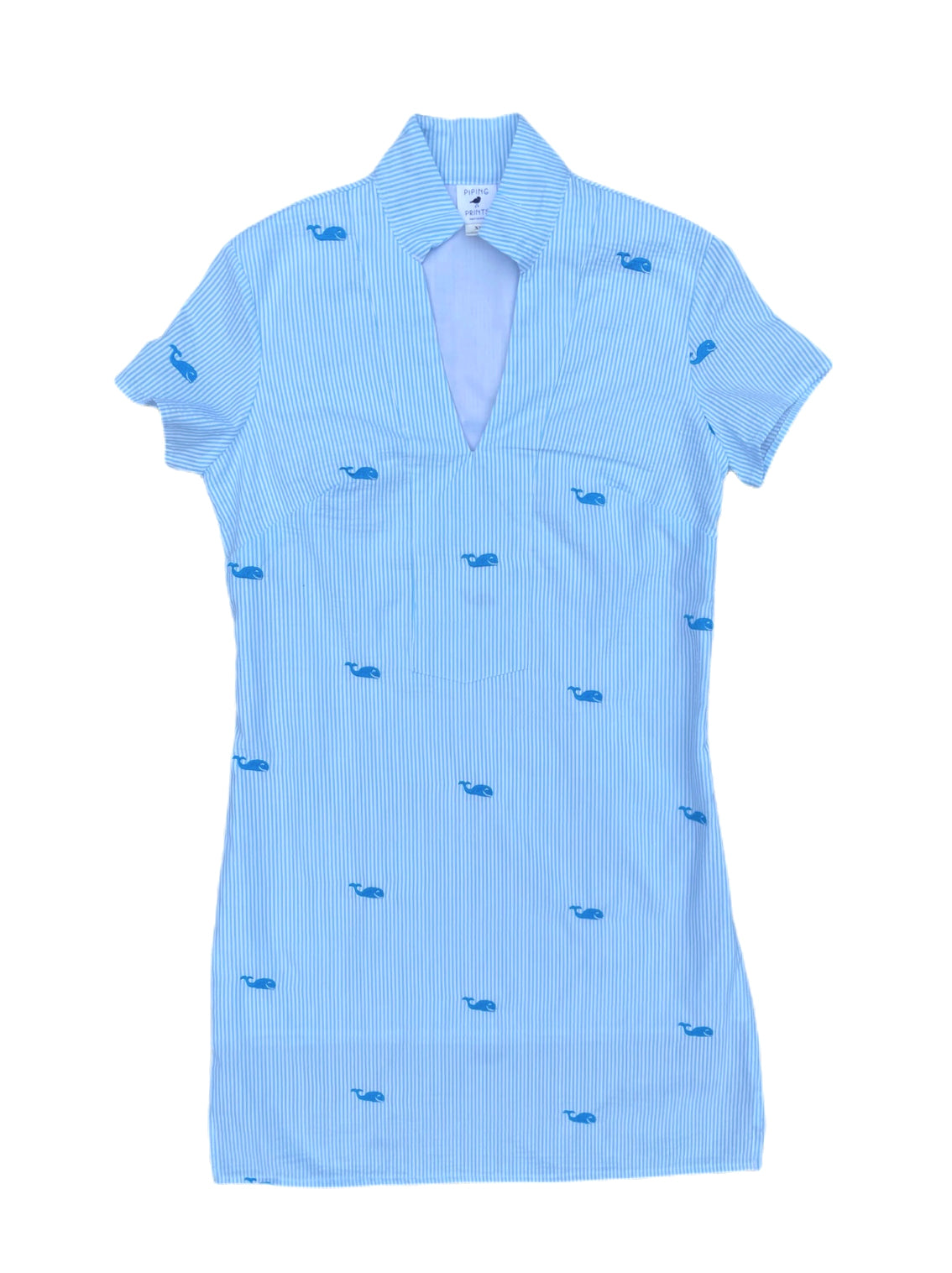 Turquoise Seersucker Tunic Dress with Embroidered Whales