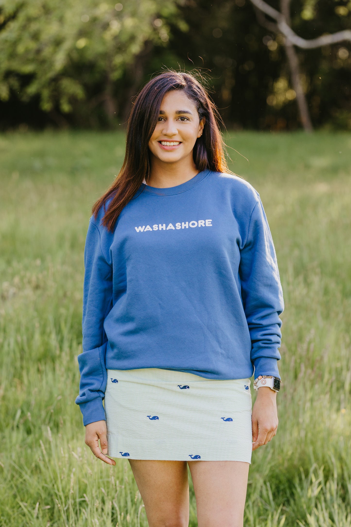 Green Seersucker Women's Skirt with Navy Embroidered Whales