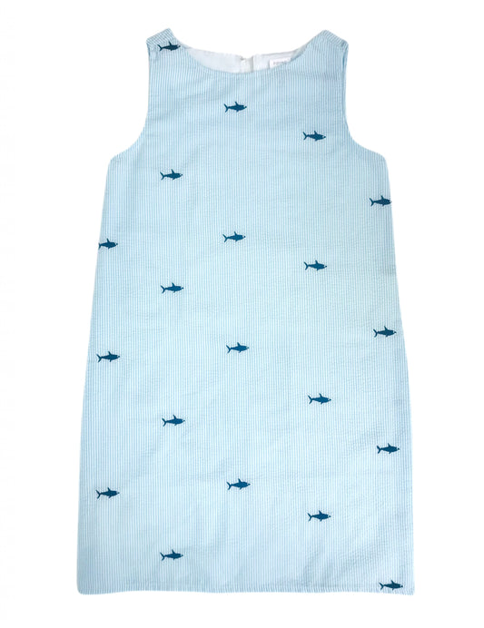 Turquoise Seersucker Women's Dress with Navy Embroidered Sharks (Unlined)