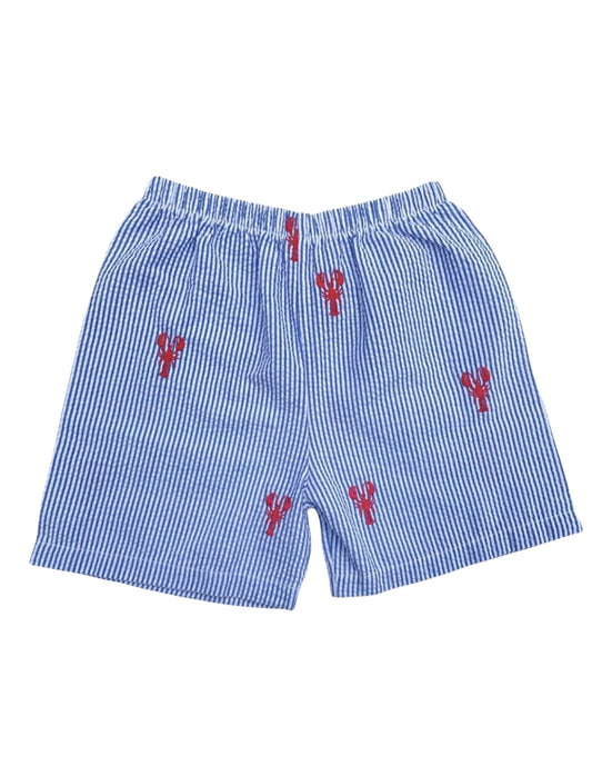 Blue Seersucker Kids Shorts with Red Embroidered Red Lobsters
