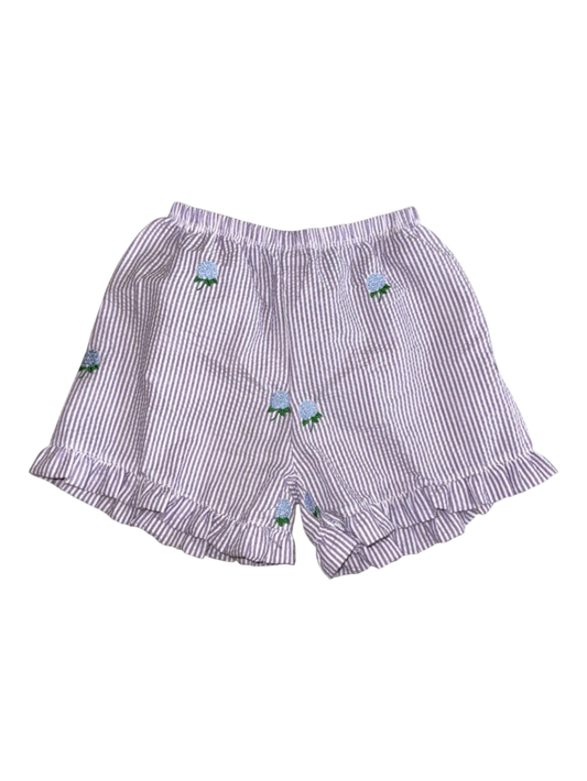 Lilac Seersucker Ruffle Shorts with Hydrangeas