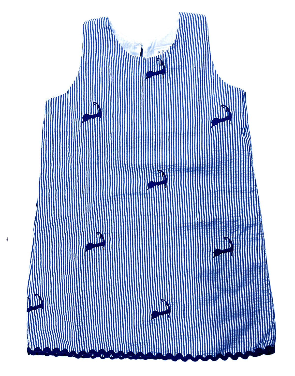 Blue Seersucker Girls Dress with Navy Cape Cods