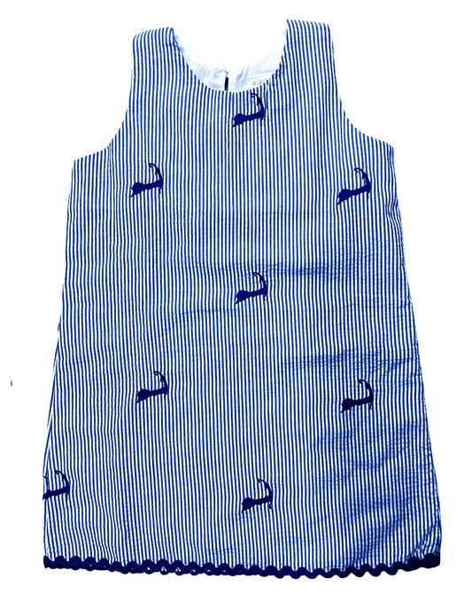 Blue Seersucker Girls Dress with Navy Cape Cods