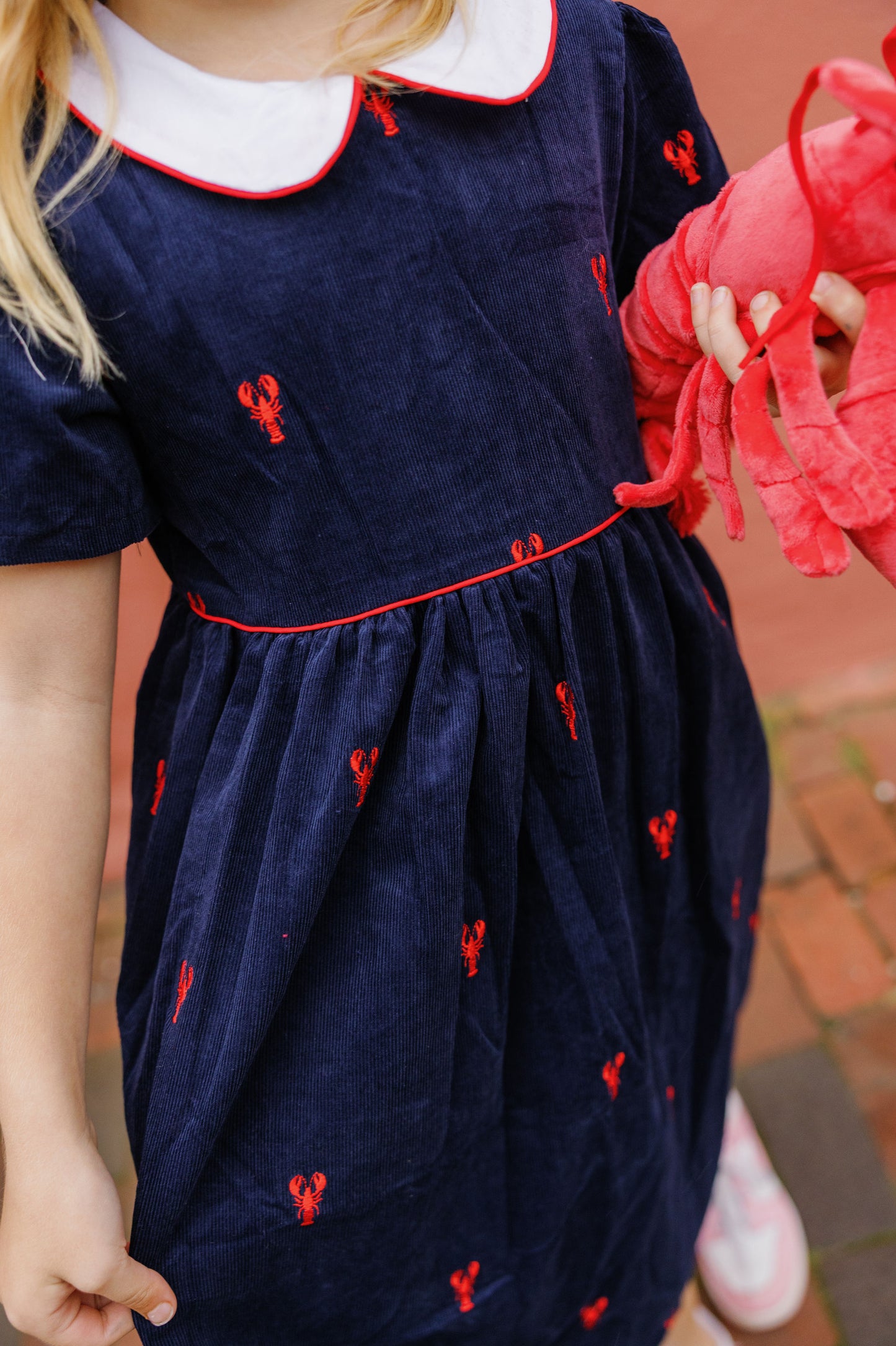 Navy Corduroy Dress with Red Lobsters