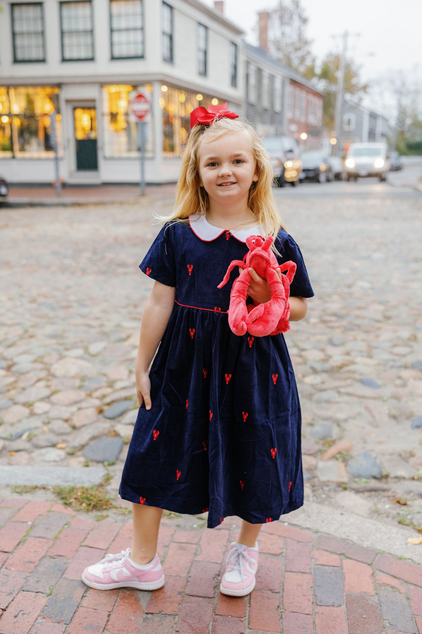 Navy Corduroy Dress with Red Lobsters
