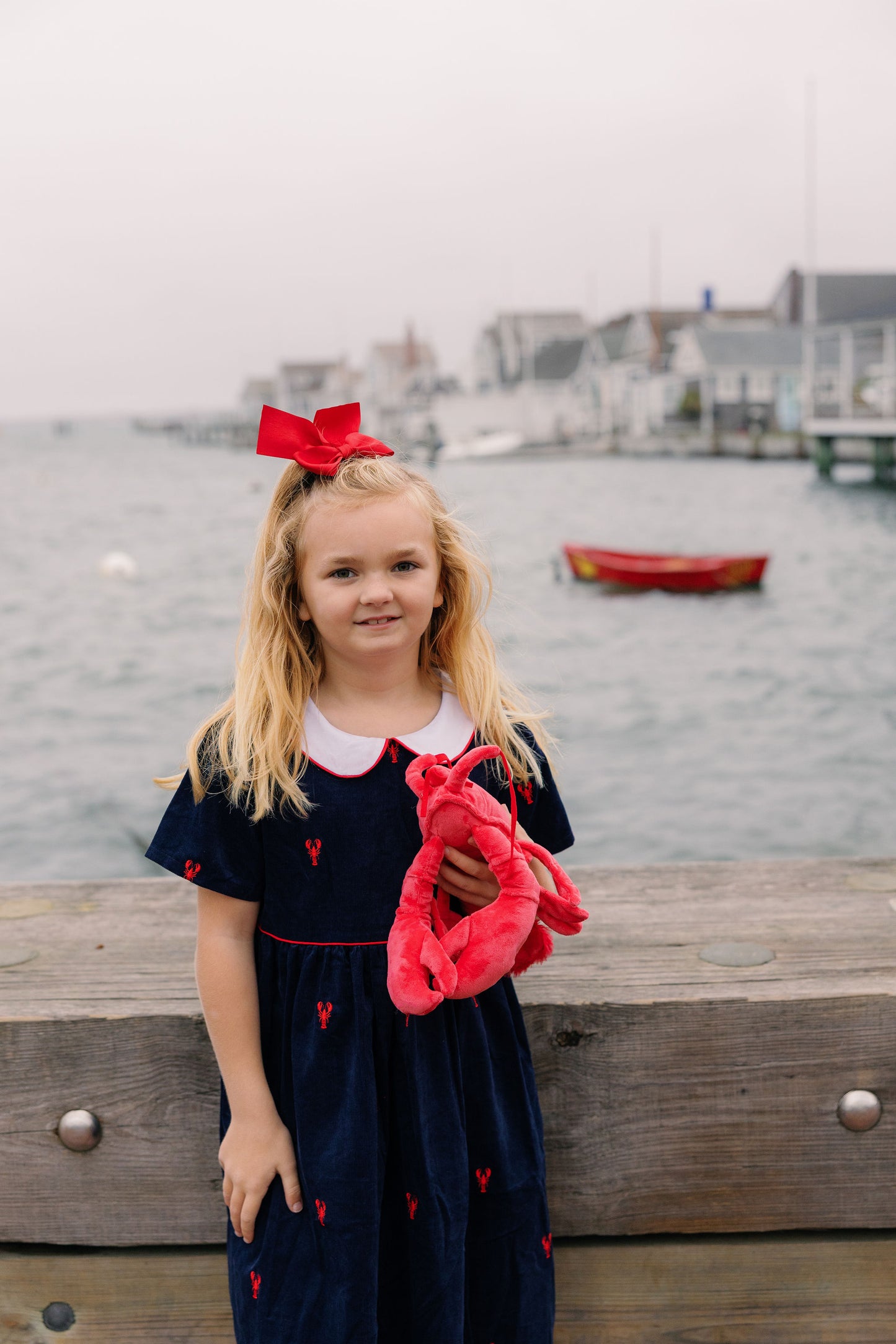 Navy Corduroy Dress with Red Lobsters
