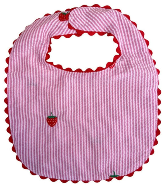 Pink Seersucker Bib with Strawberries