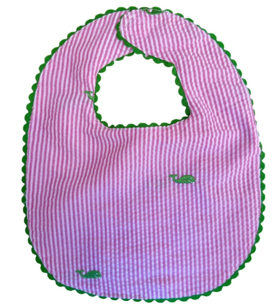 Pink Seersucker Bib with Green Whales