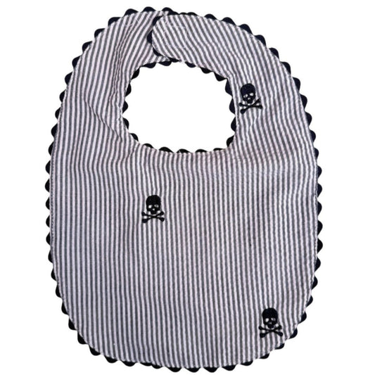 Navy Seersucker Bib with Pirate Skulls
