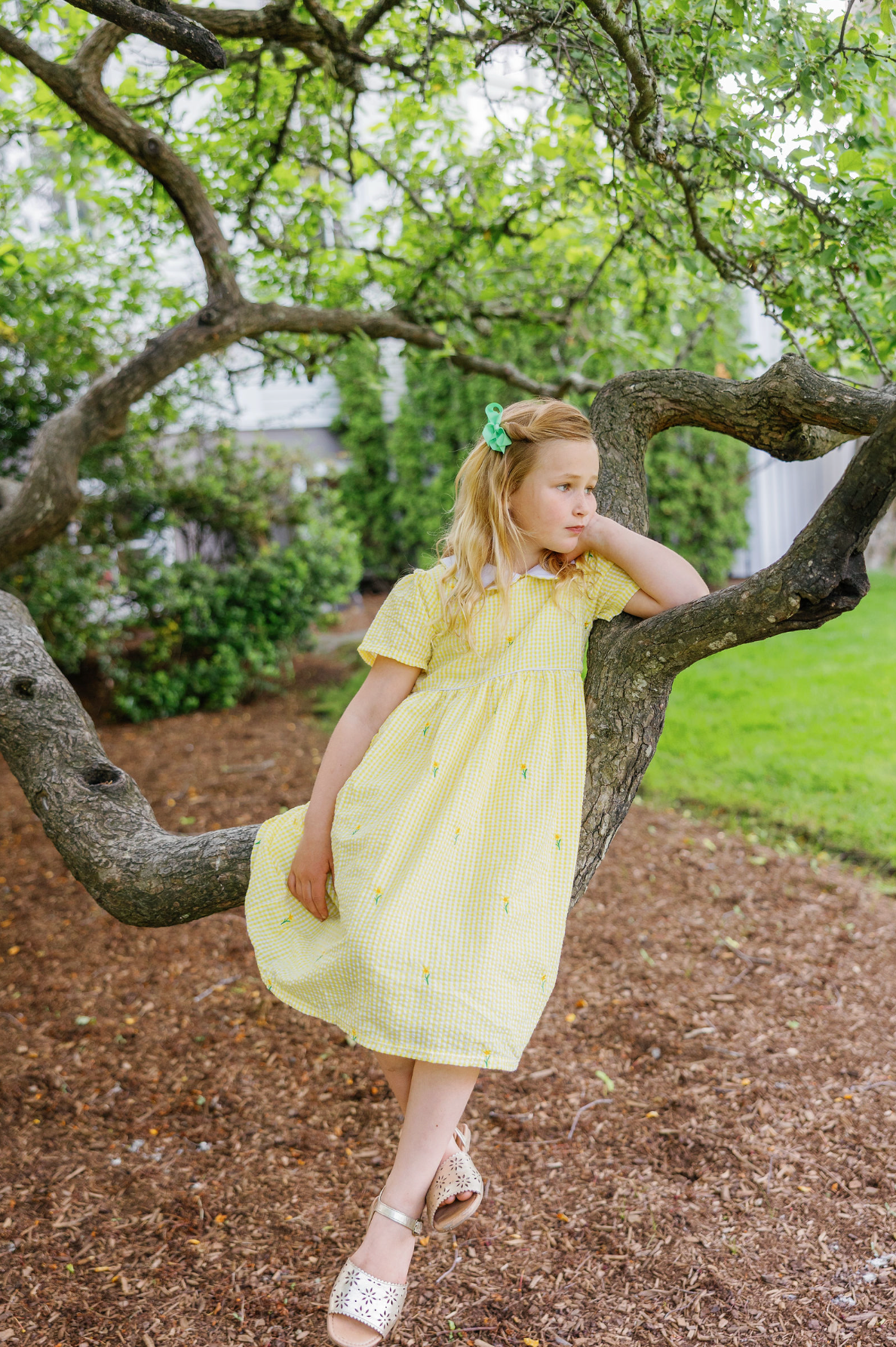Yellow Gingham Seersucker Girls Dress with Embroidered Daffodils and Peter Pan Collar