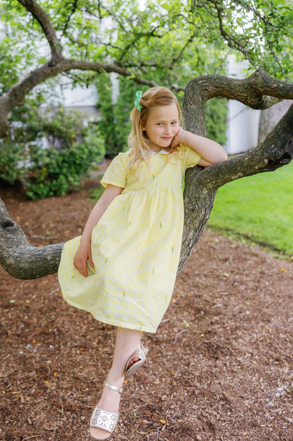Yellow Gingham Seersucker Girls Dress with Embroidered Daffodils and Peter Pan Collar