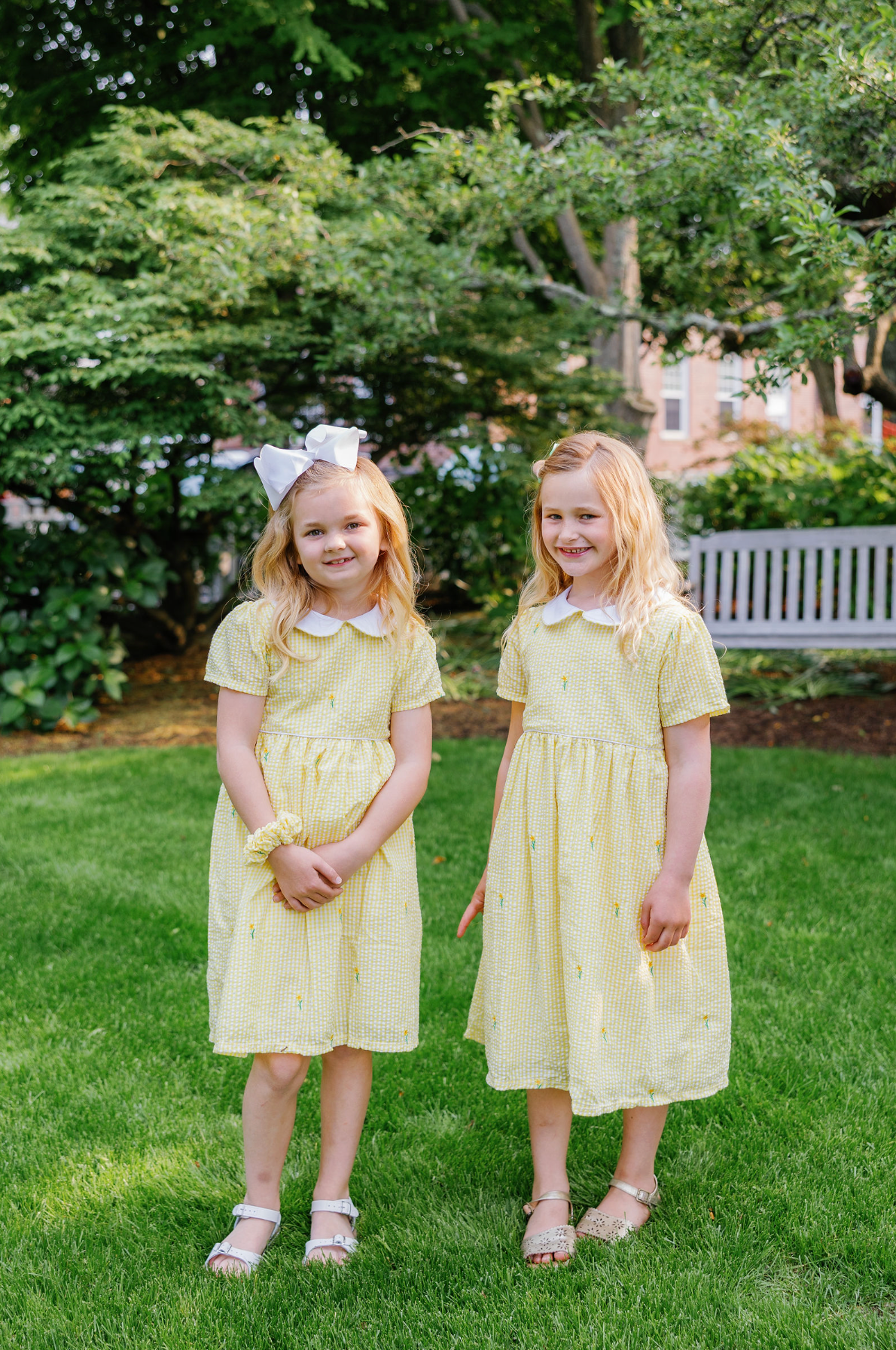 Yellow Gingham Seersucker Girls Dress with Embroidered Daffodils and Peter Pan Collar
