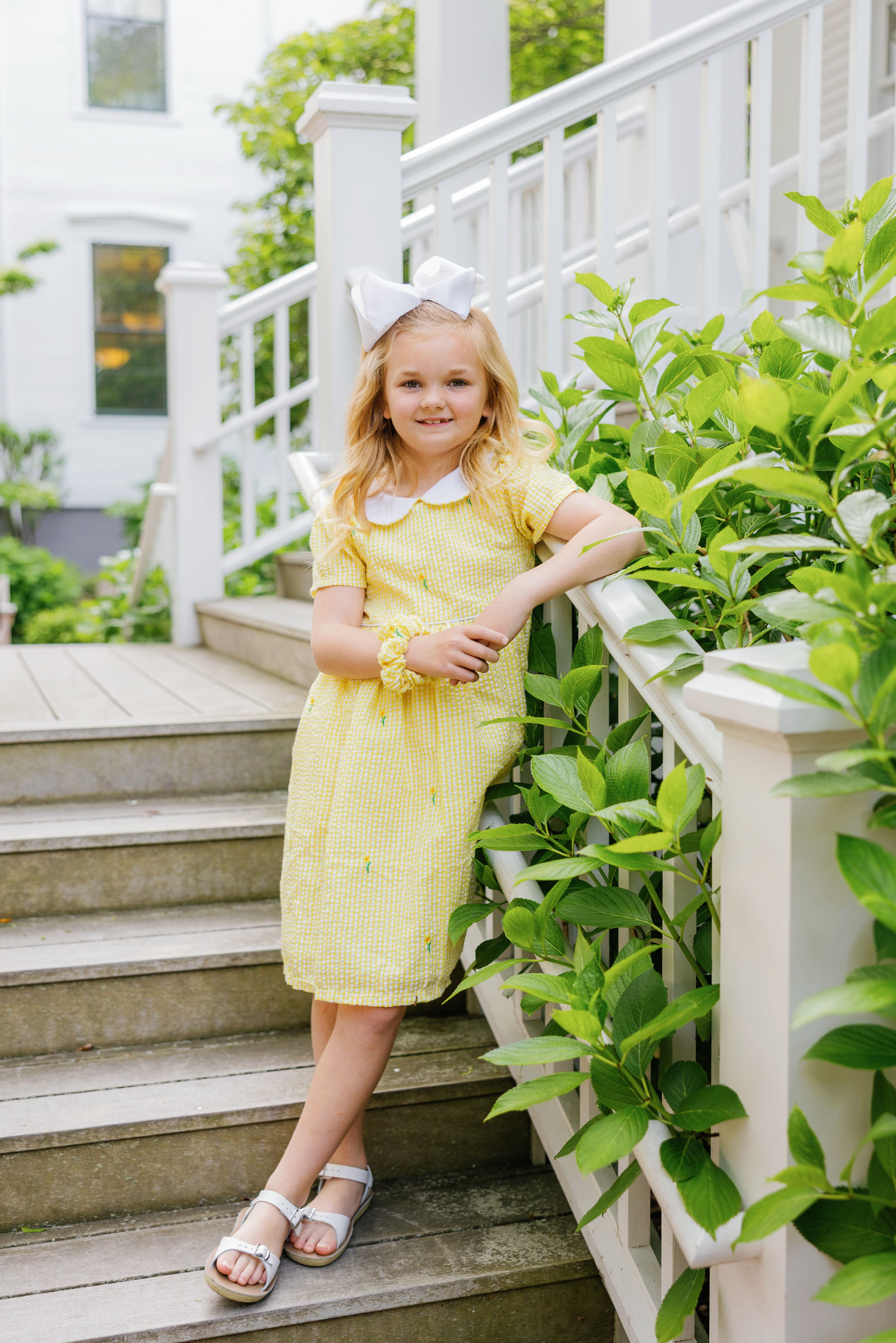 Yellow Gingham Seersucker Girls Dress with Embroidered Daffodils and Peter Pan Collar