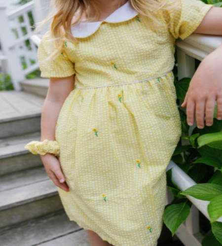 Yellow Gingham Seersucker Girls Dress with Embroidered Daffodils and Peter Pan Collar