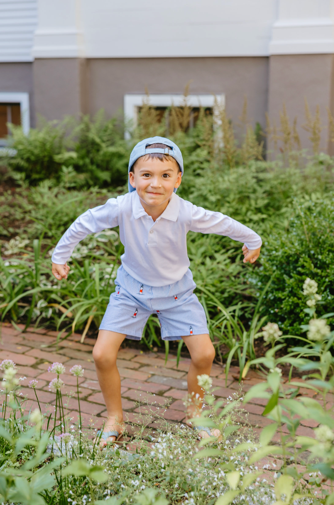 Blue Kids Seersucker Shorts with Embroidered Sankaty Lighthouses