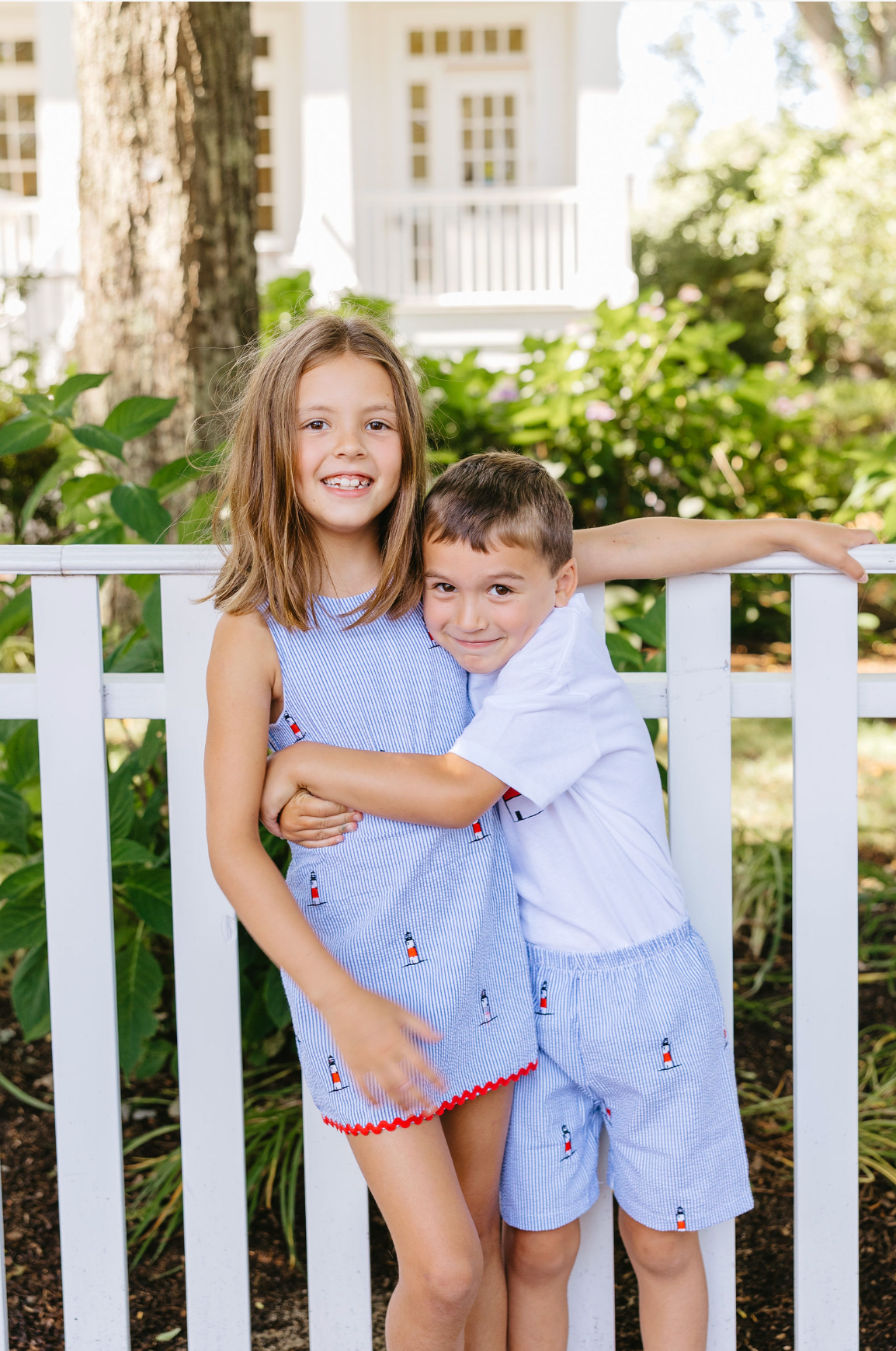 Blue Kids Seersucker Shorts with Embroidered Sankaty Lighthouses