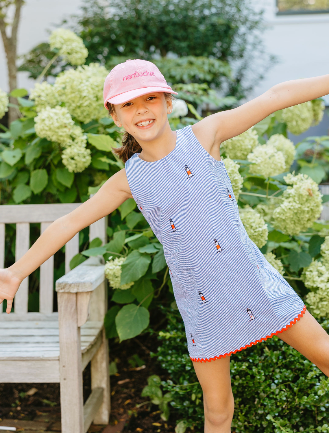 Blue Seersucker Girls Dress with Embroidered Lighthouses