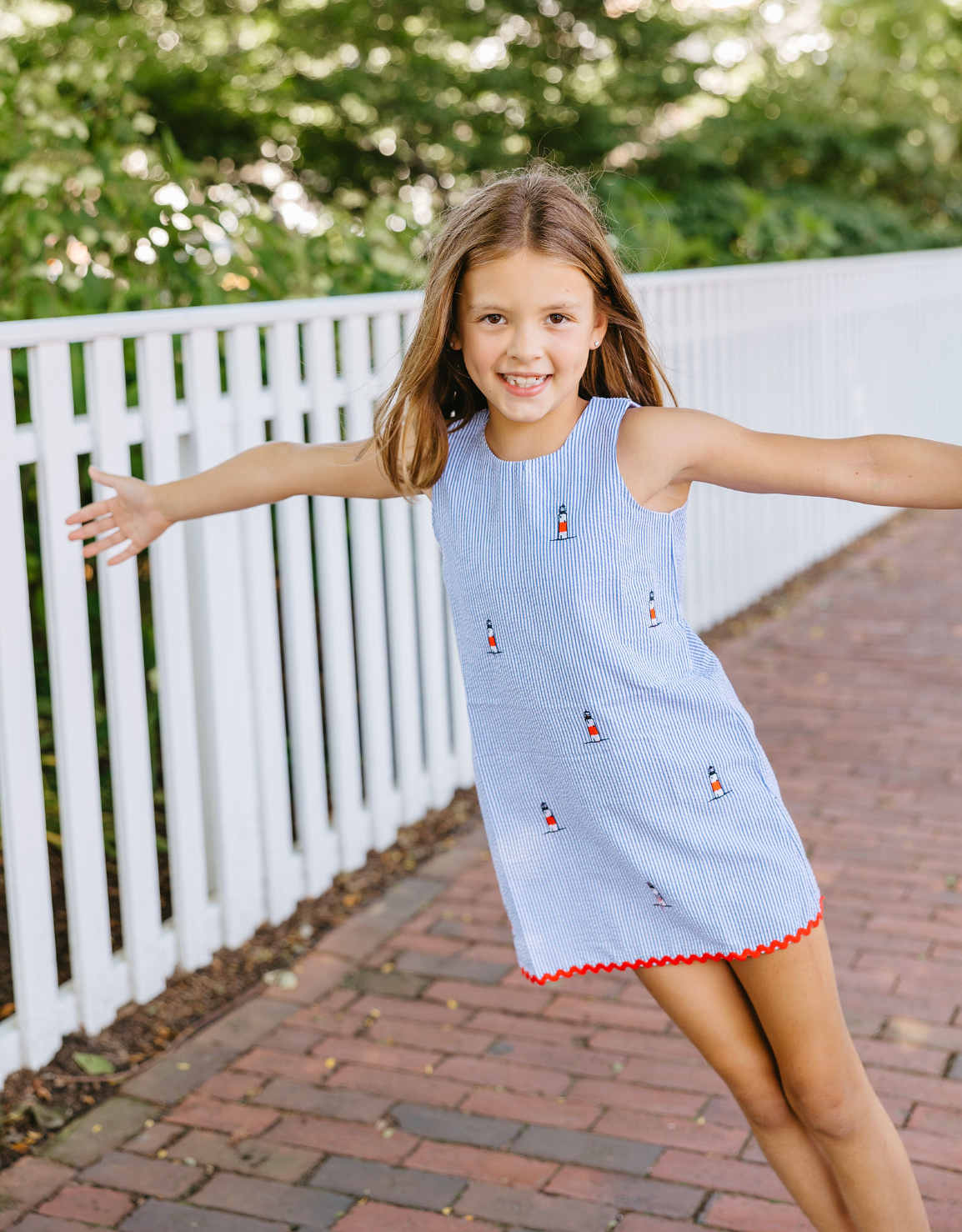 Blue Seersucker Girls Dress with Embroidered Lighthouses