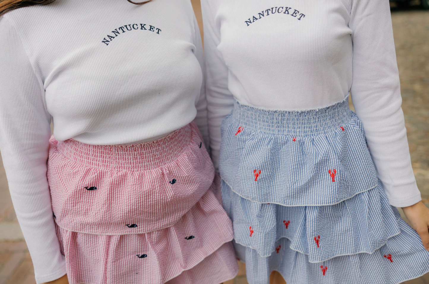 Women's Blue Tiered Ruffle Skirt with Red Lobsters