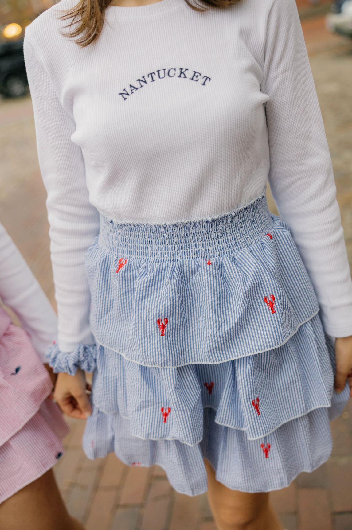 Women's Blue Tiered Ruffle Skirt with Red Lobsters