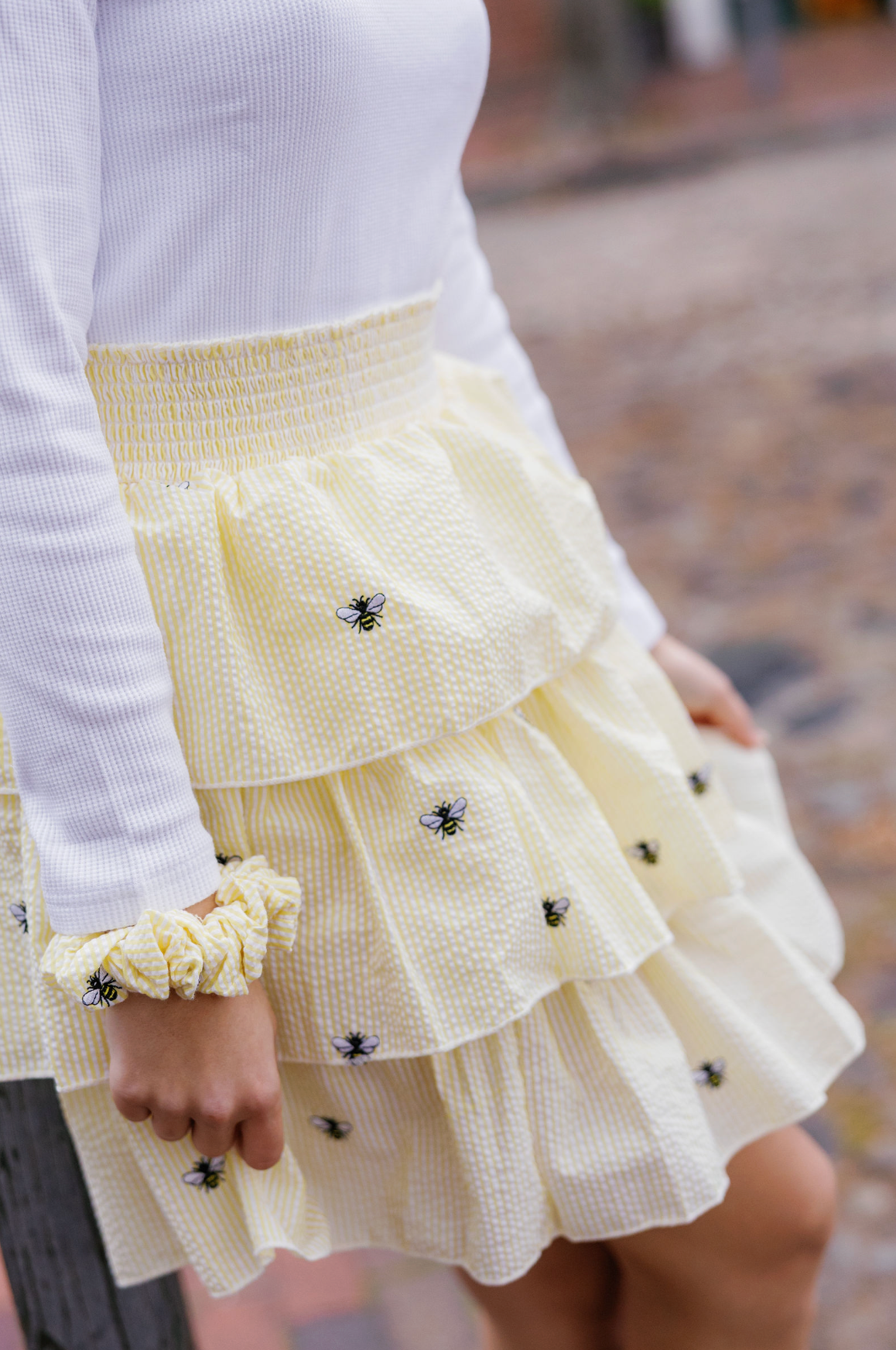 Women's Yellow Tiered Ruffle Skirt with Bees